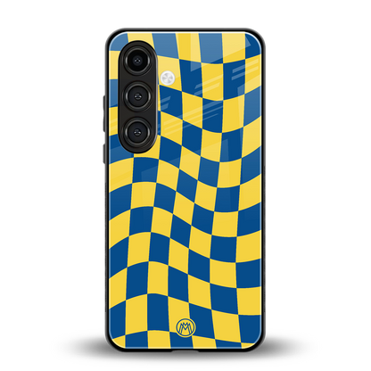 yellow blue trippy check pattern back phone cover | glass case for samsung galaxy s23 fe