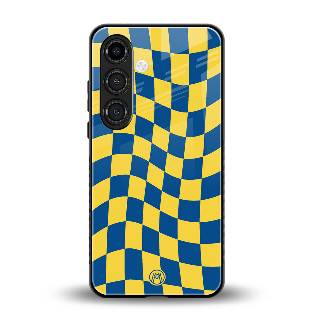 yellow blue trippy check pattern back phone cover | glass case for samsung galaxy s25