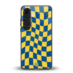 yellow blue trippy check pattern back phone cover | glass case for samsung galaxy s24 fe