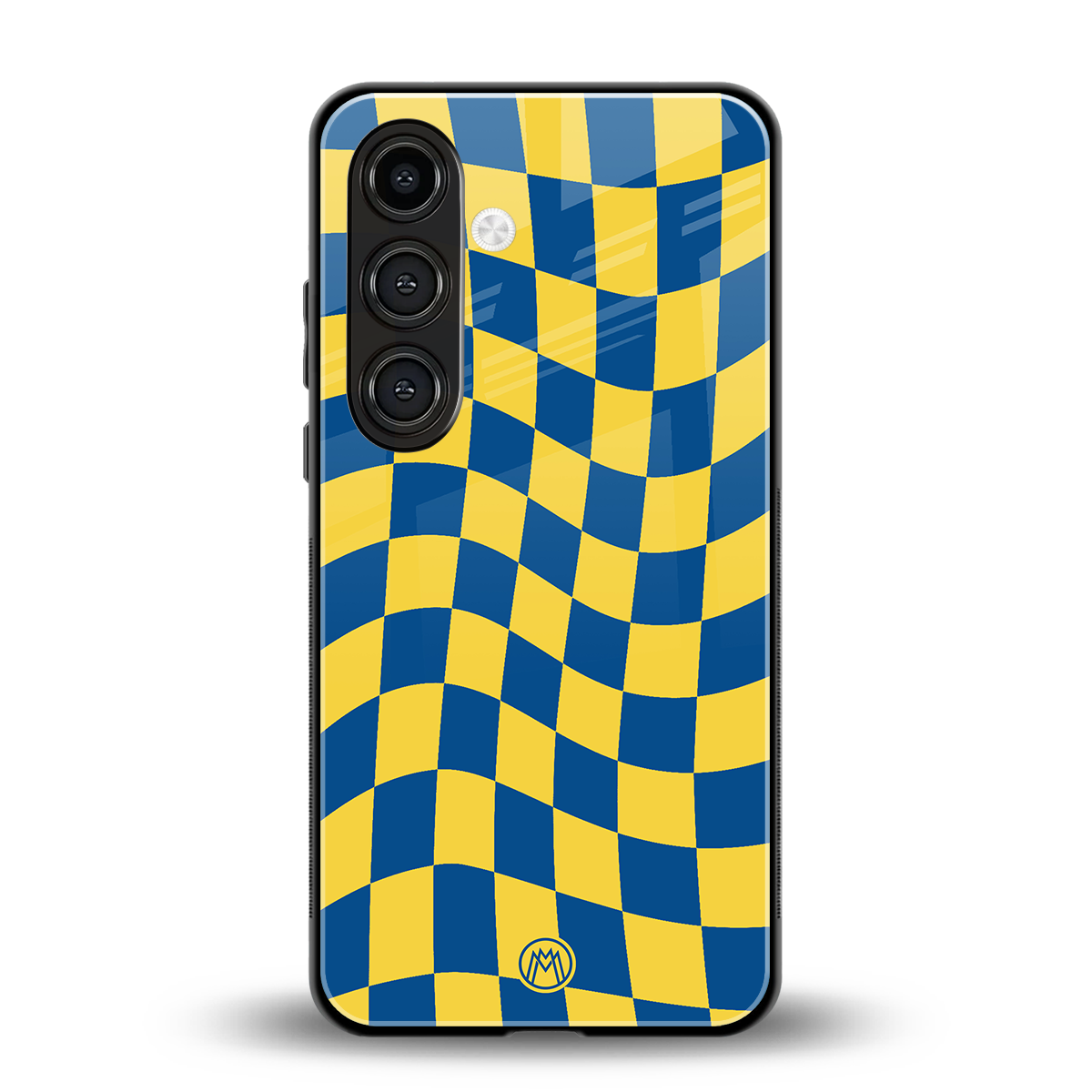 yellow blue trippy check pattern back phone cover | glass case for samsung galaxy s24 plus