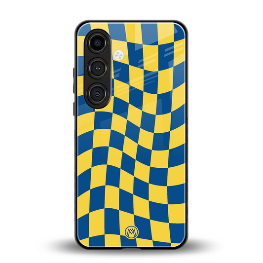 yellow blue trippy check pattern back phone cover | glass case for samsung galaxy s23