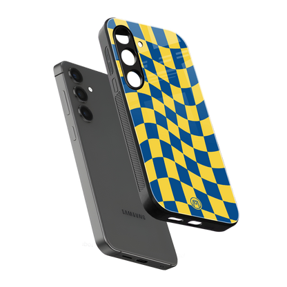 yellow blue trippy check pattern back phone cover | glass case for samsung galaxy s23