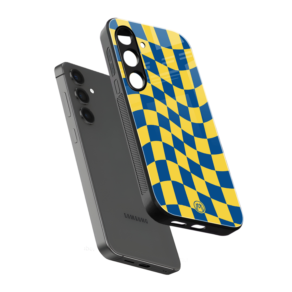 yellow blue trippy check pattern back phone cover | glass case for samsung galaxy s24 plus