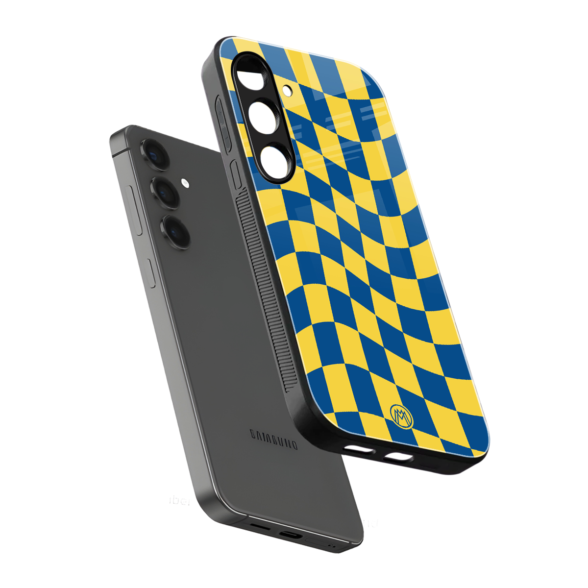 yellow blue trippy check pattern back phone cover | glass case for samsung galaxy s25