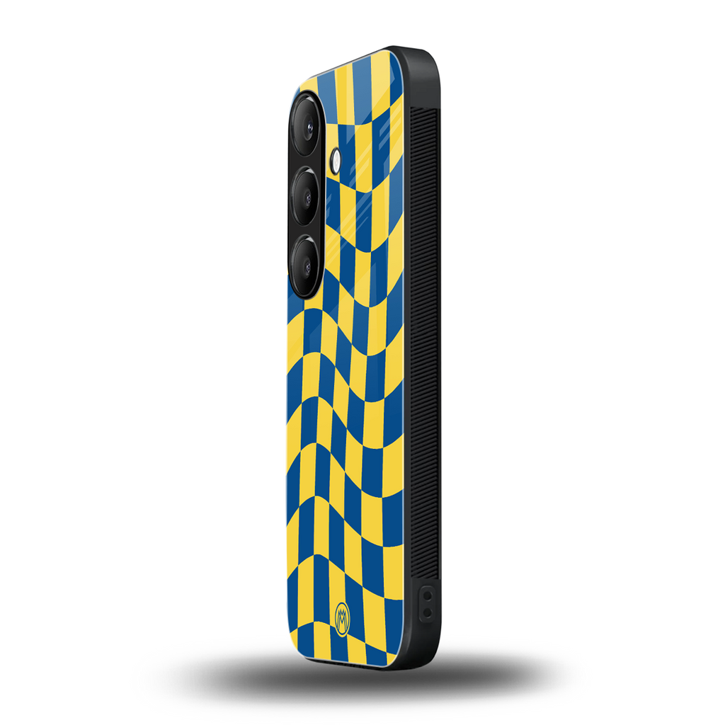 yellow blue trippy check pattern back phone cover | glass case for samsung galaxy s25