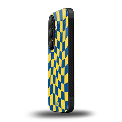 yellow blue trippy check pattern back phone cover | glass case for samsung galaxy s23