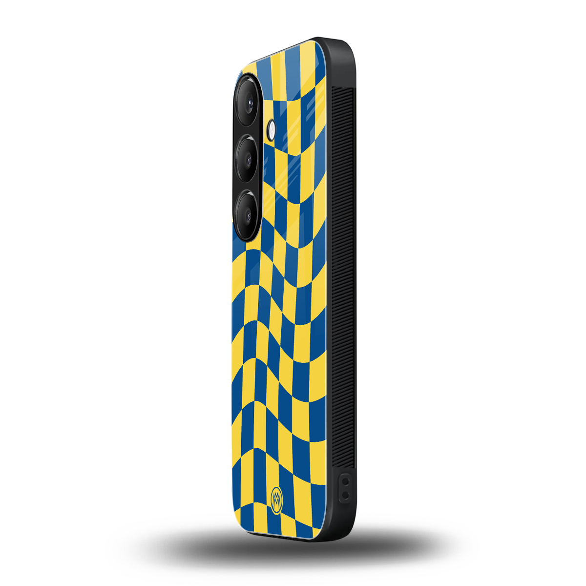 yellow blue trippy check pattern back phone cover | glass case for samsung galaxy s24 fe