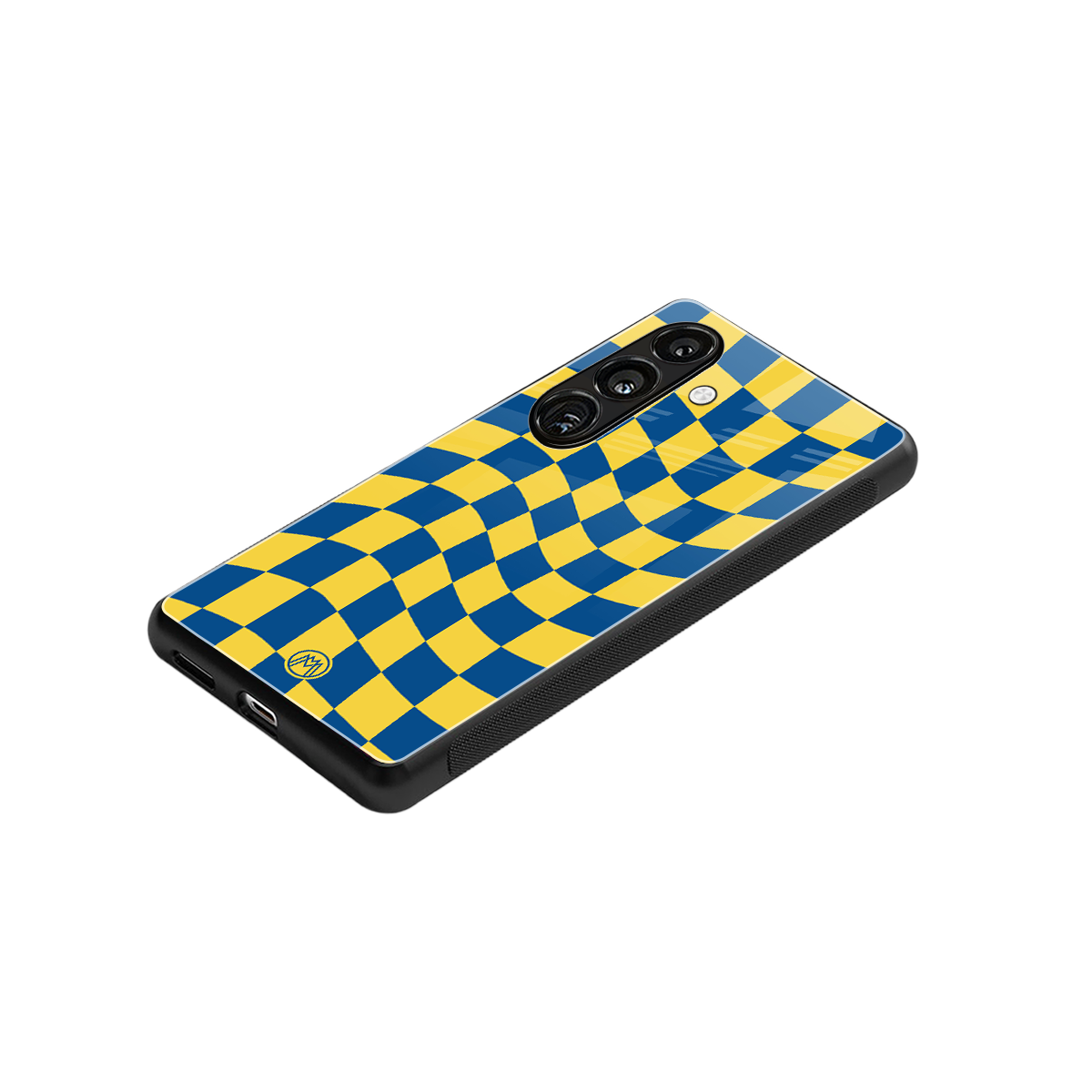 yellow blue trippy check pattern back phone cover | glass case for samsung galaxy s24 fe