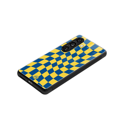 yellow blue trippy check pattern back phone cover | glass case for samsung galaxy s23