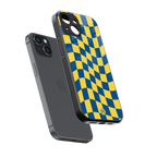 yellow blue trippy check pattern back phone cover | glass case for iphone 15