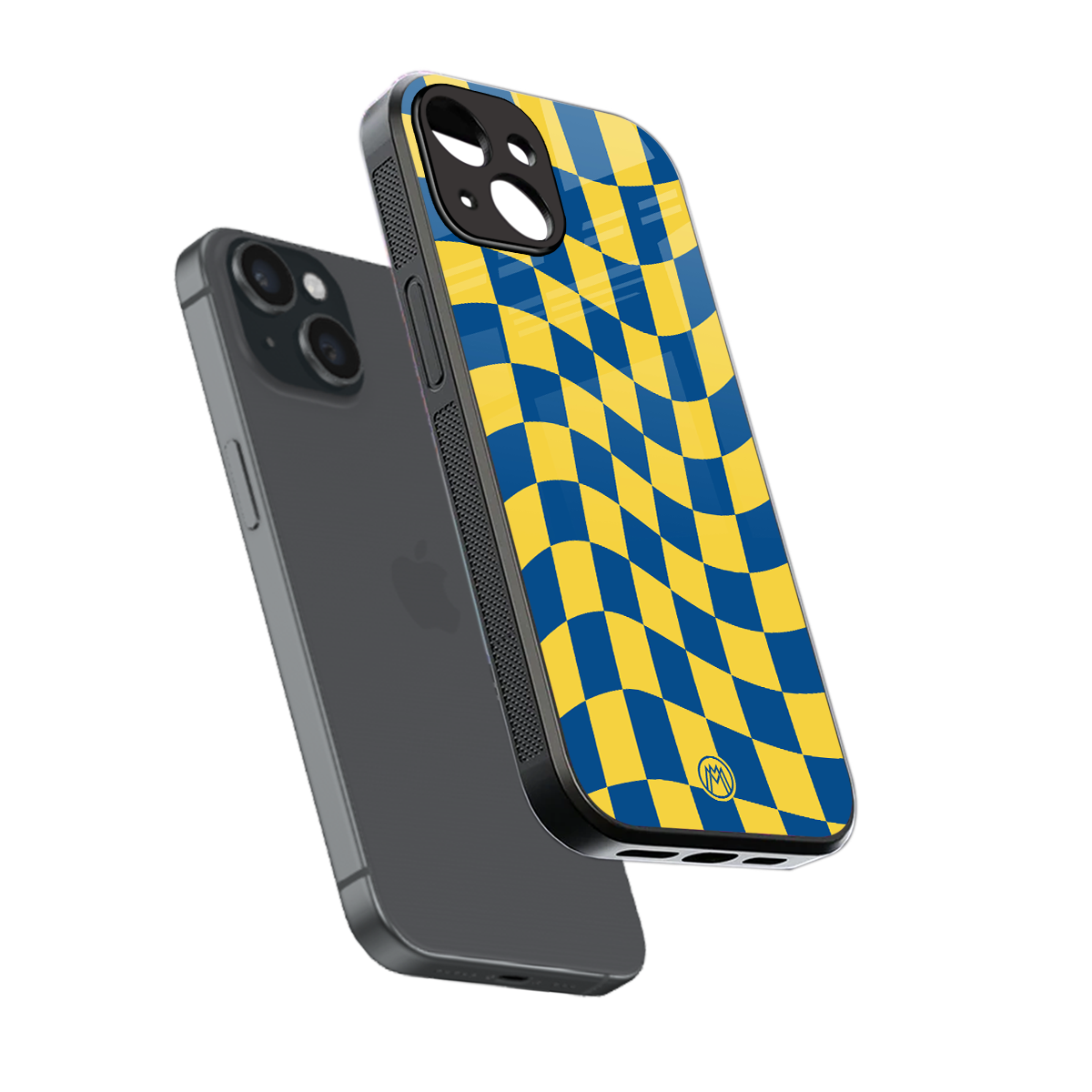 yellow blue trippy check pattern back phone cover | glass case for iphone 15