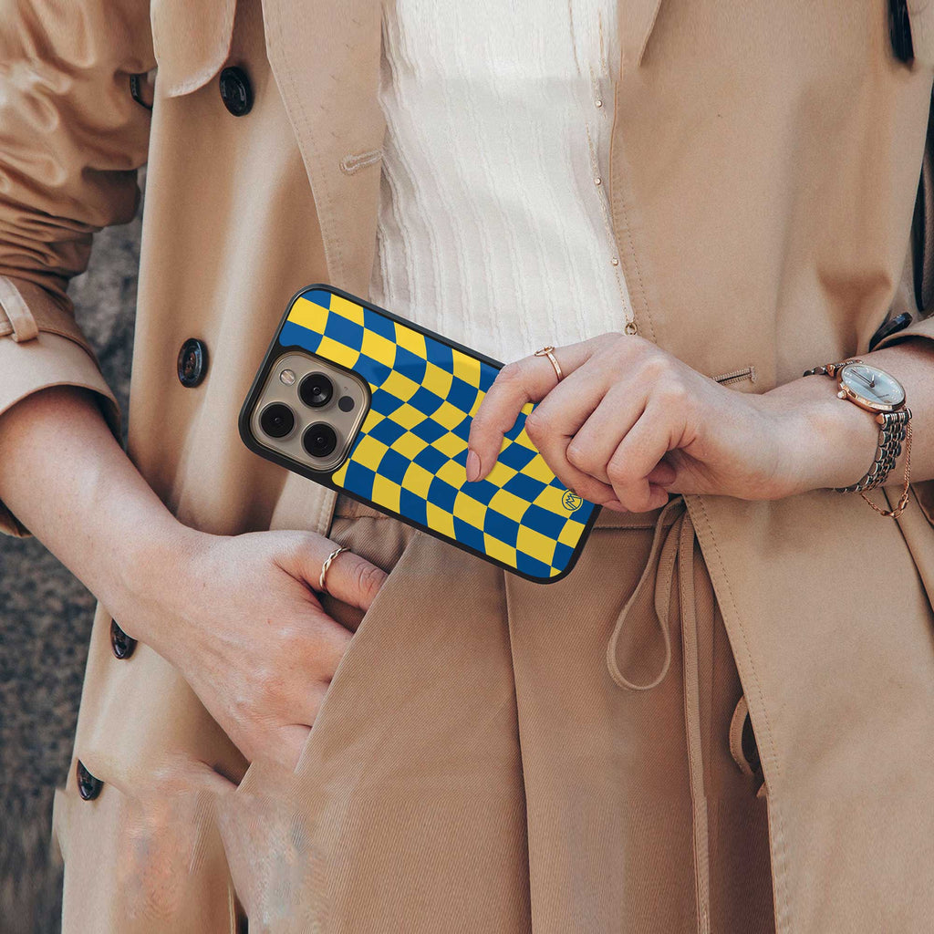 yellow blue trippy check pattern back phone cover | glass case for iphone 14 pro max