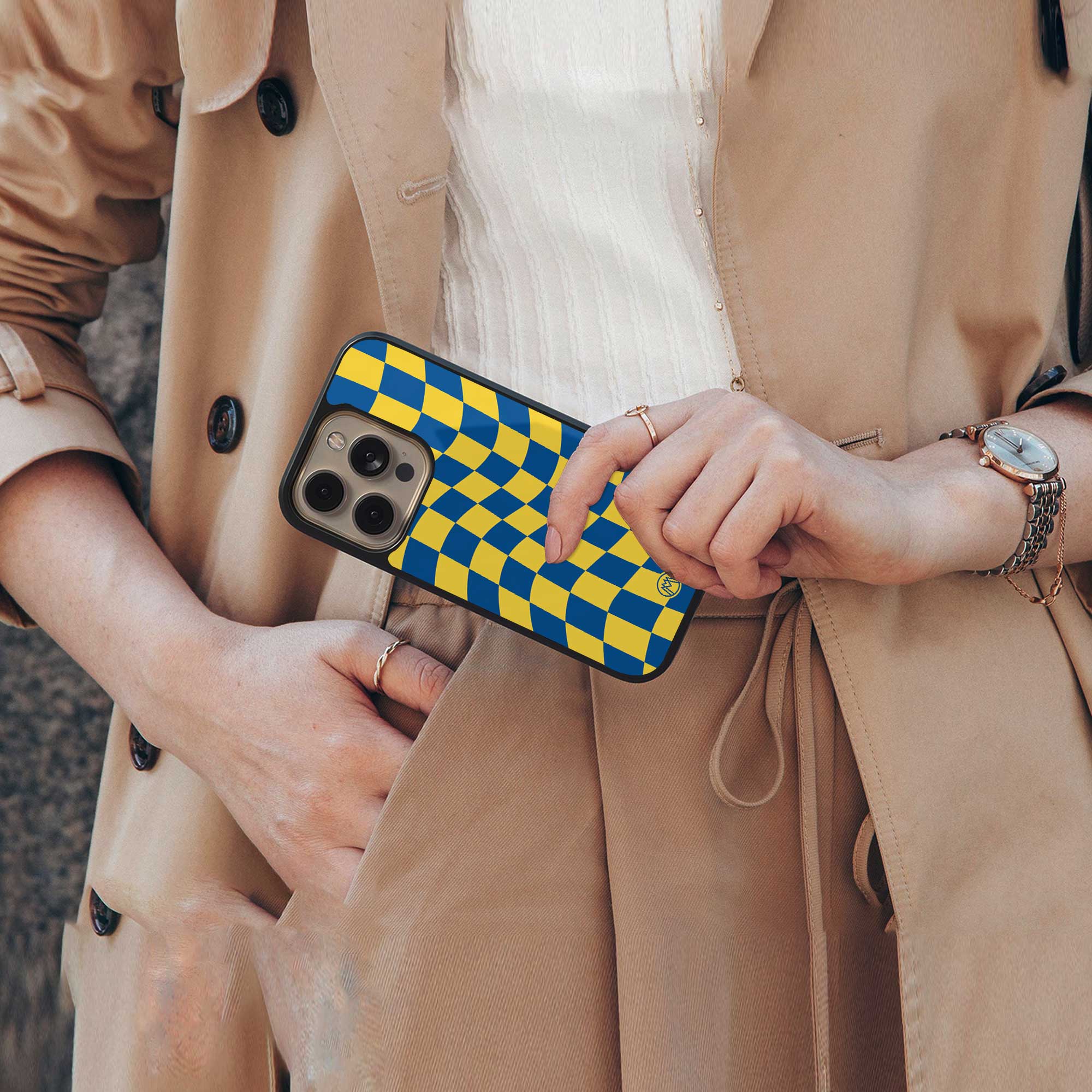 yellow blue trippy check pattern back phone cover | glass case for iphone 14 pro max