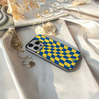 yellow blue trippy check pattern back phone cover | glass case for iphone 14 pro max