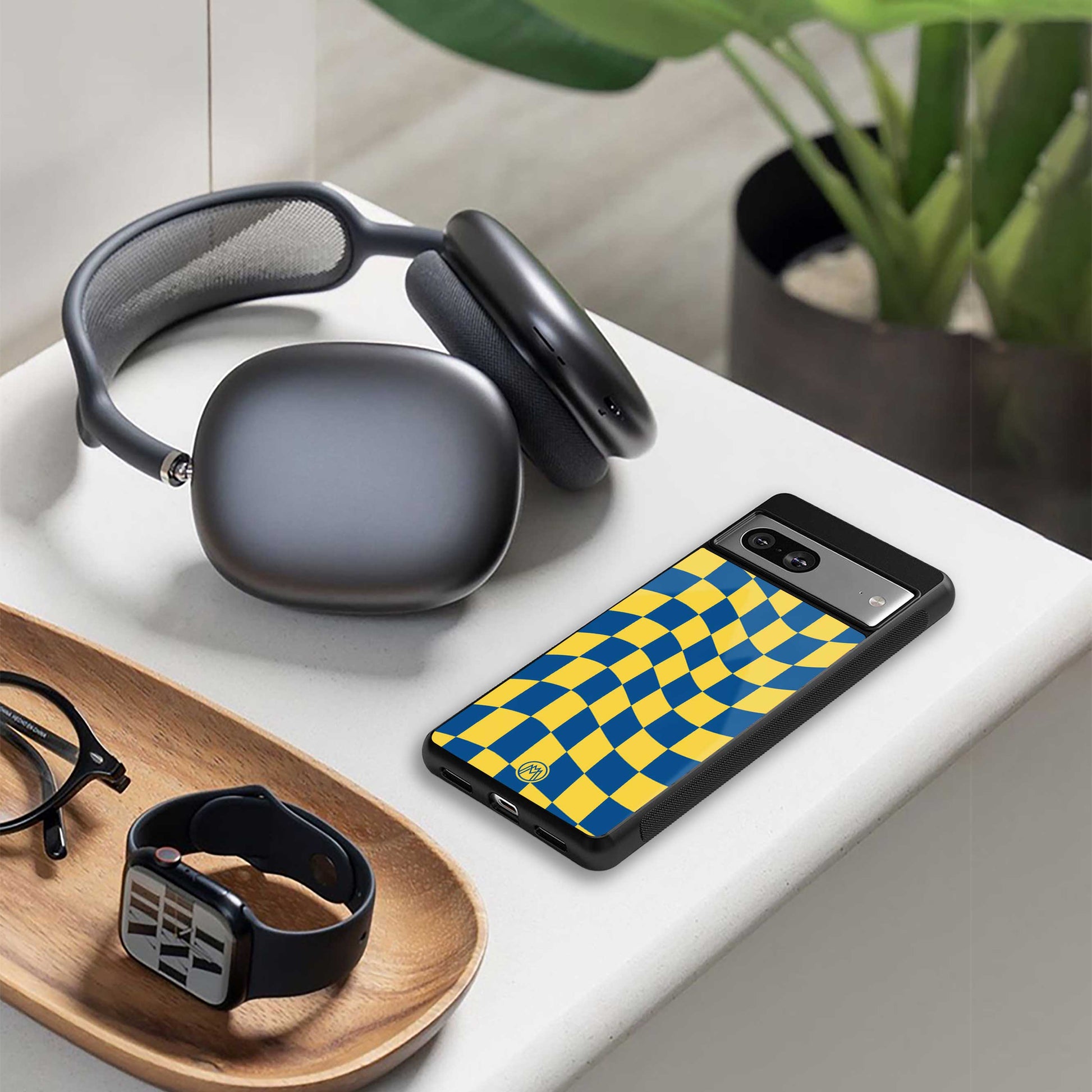 yellow blue trippy check pattern back phone cover | glass case for samsung galaxy s24 ultra