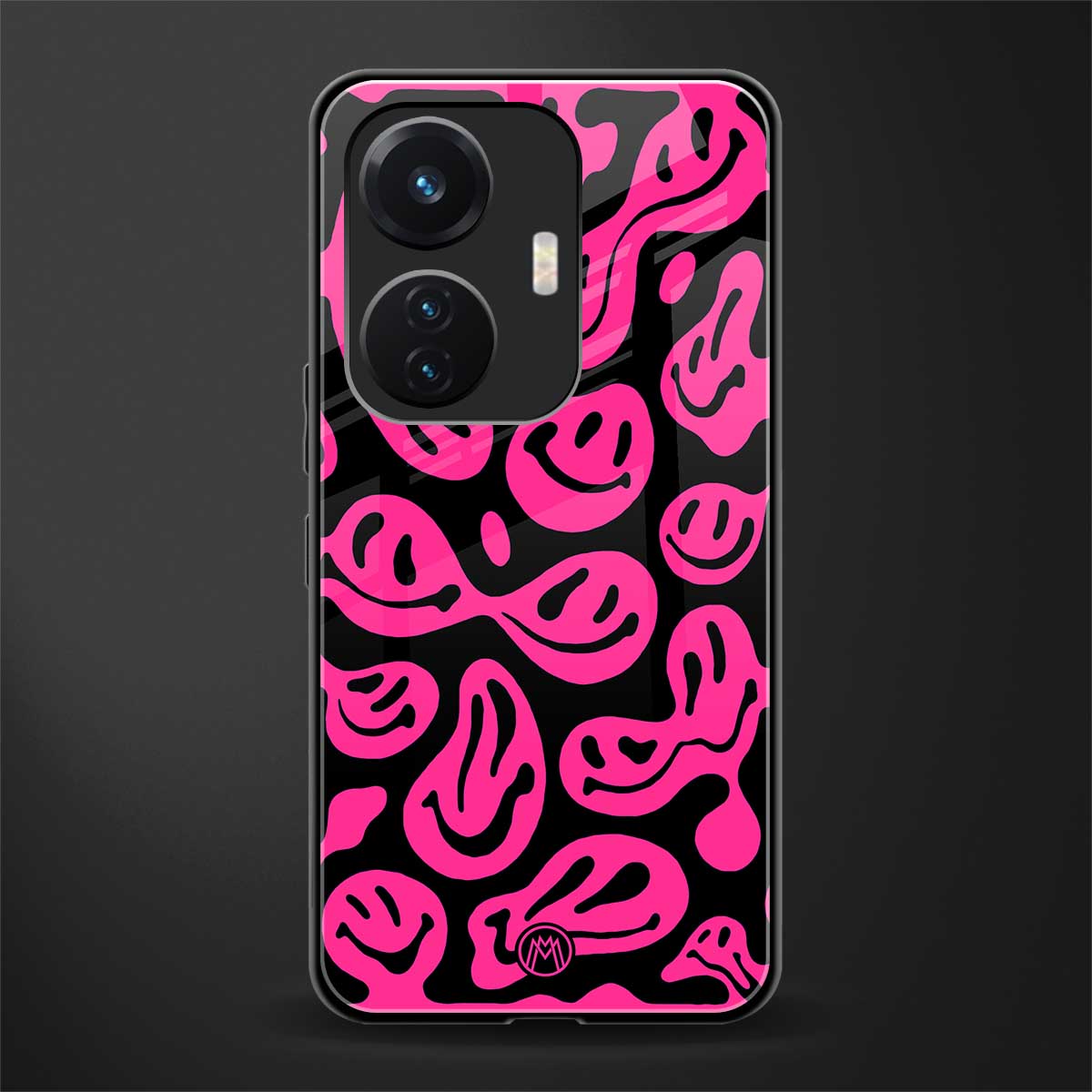 acid smiles black pink back phone cover | glass case for vivo t1 44w 4g