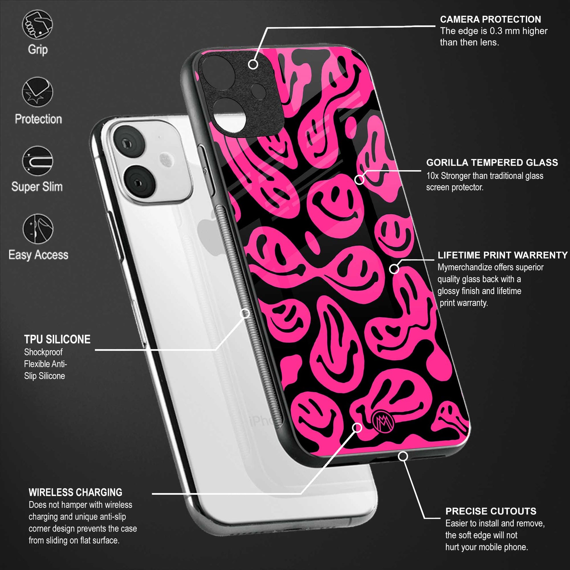 acid smiles black pink glass case for vivo v15 image-4