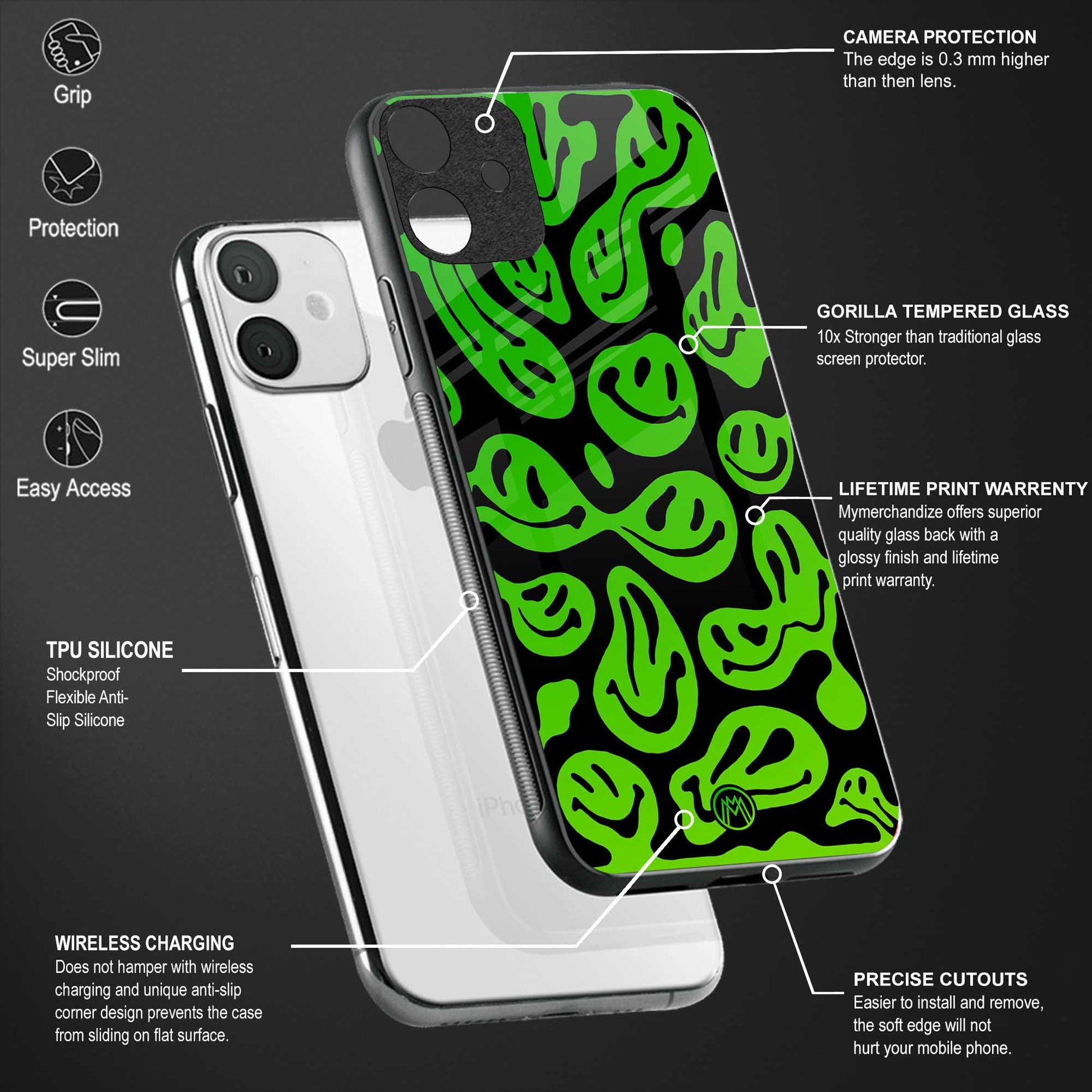 acid smiles neon green back phone cover | glass case for xiaomi 12 pro
