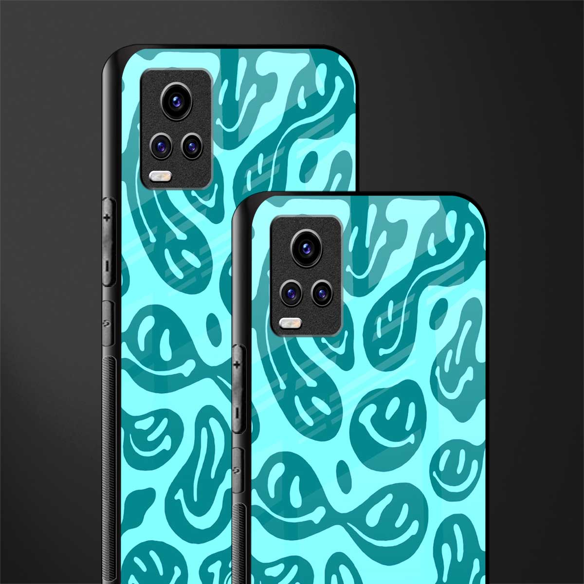 acid smiles turquoise edition back phone cover | glass case for vivo v21e 4g