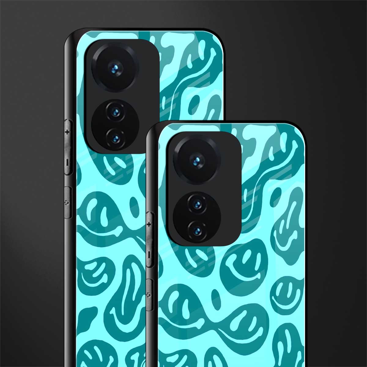 acid smiles turquoise edition back phone cover | glass case for vivo t1 44w 4g