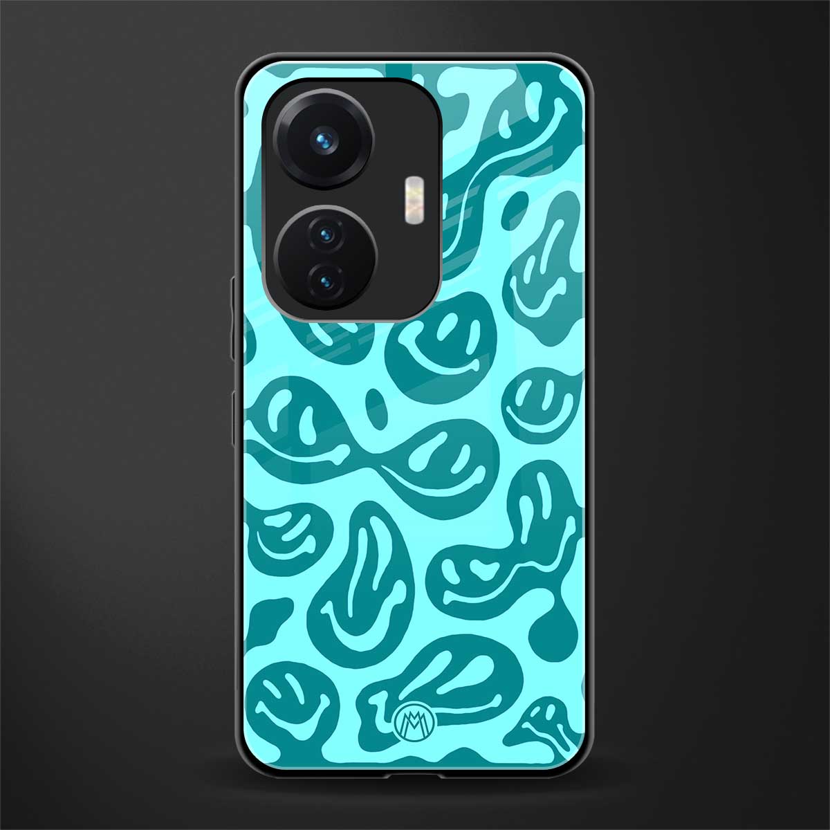 acid smiles turquoise edition back phone cover | glass case for vivo t1 44w 4g