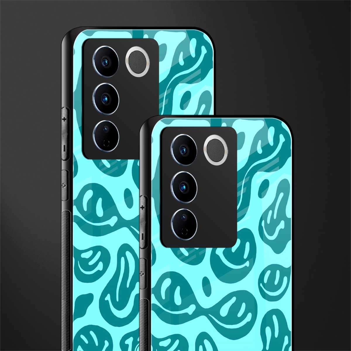acid smiles turquoise edition back phone cover | glass case for vivo v27 pro 5g
