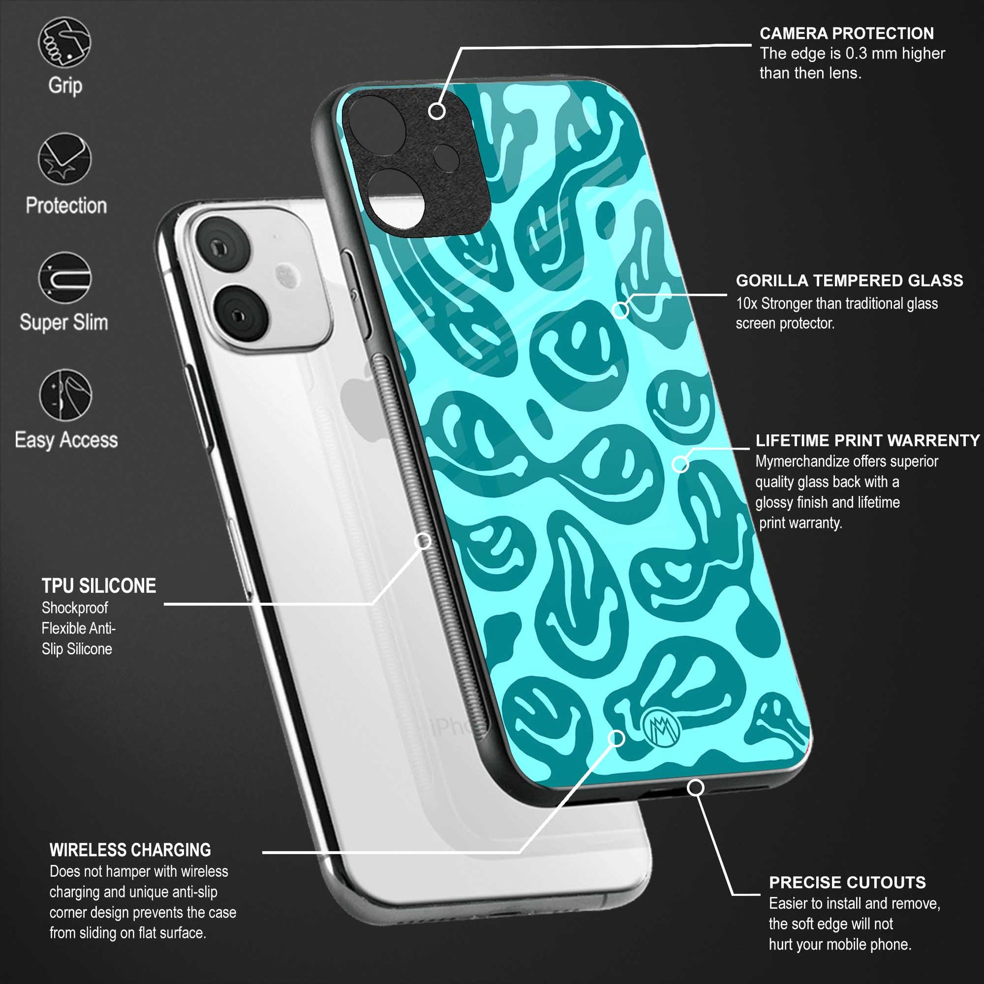 acid smiles turquoise edition back phone cover | glass case for vivo t1 44w 4g