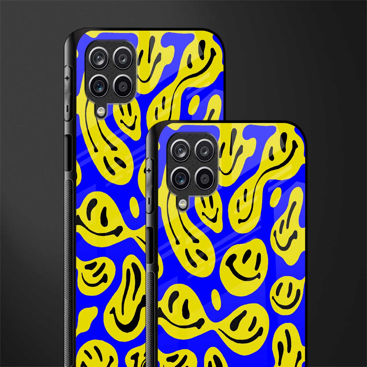 acid smiles yellow blue back phone cover | glass case for samsung galaxy a22 4g