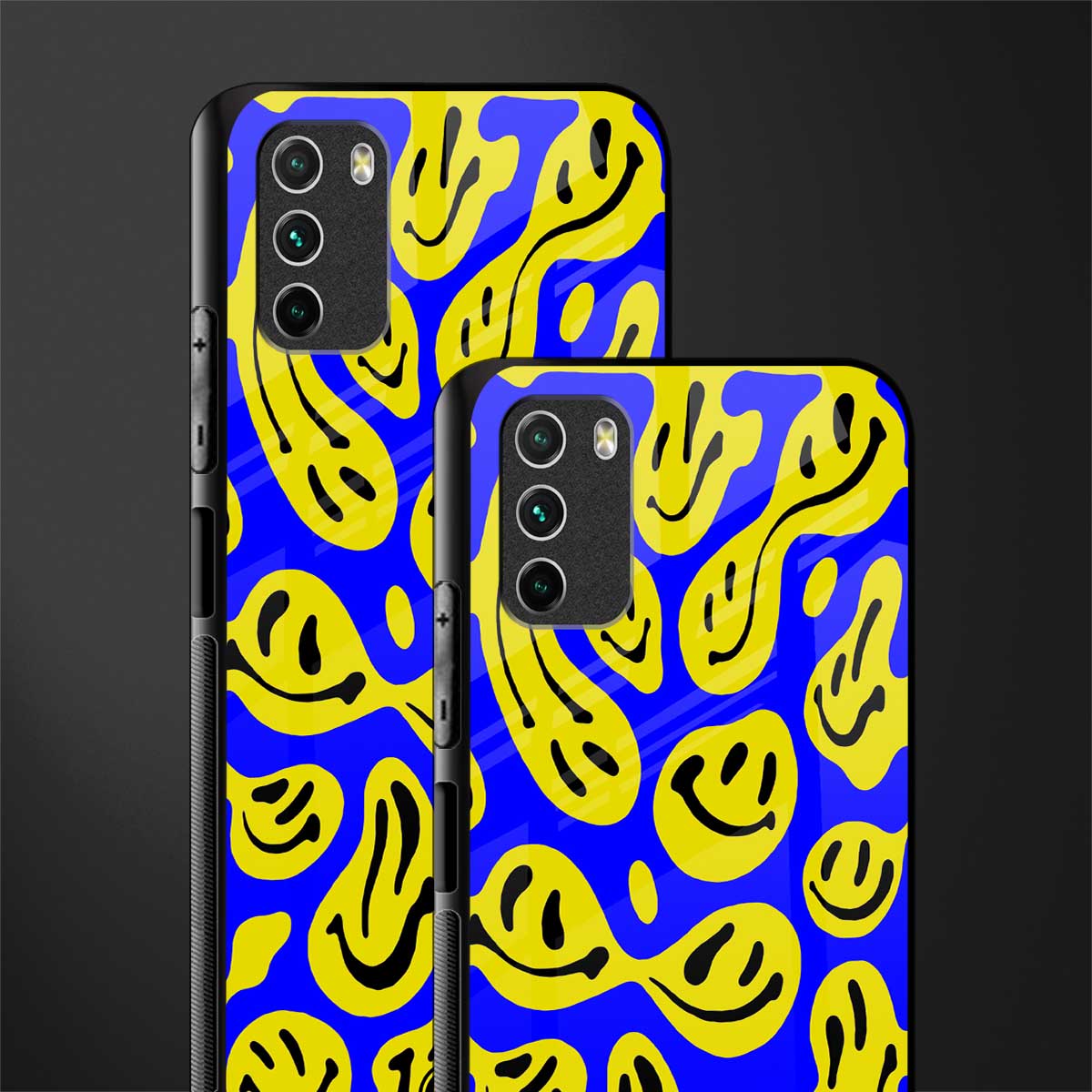 acid smiles yellow blue glass case for poco m3 image-2