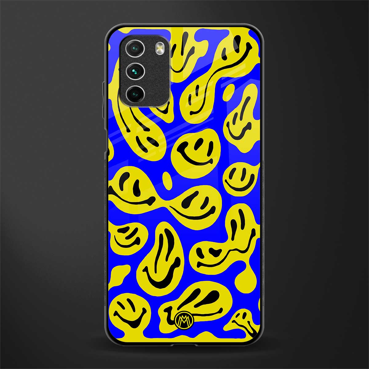 acid smiles yellow blue glass case for poco m3 image