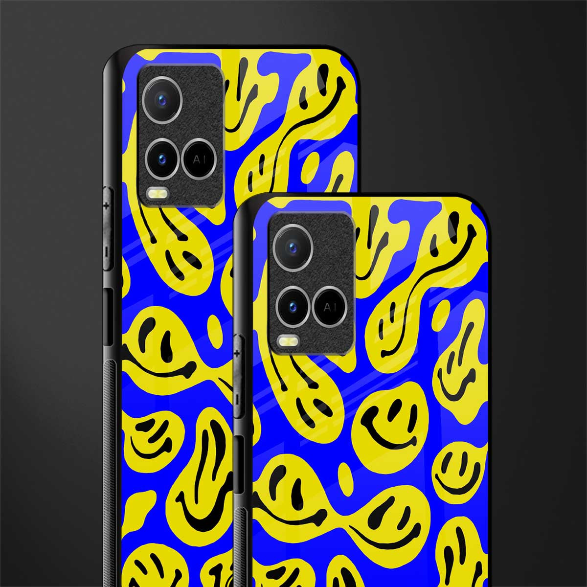 acid smiles yellow blue glass case for vivo y21 image-2