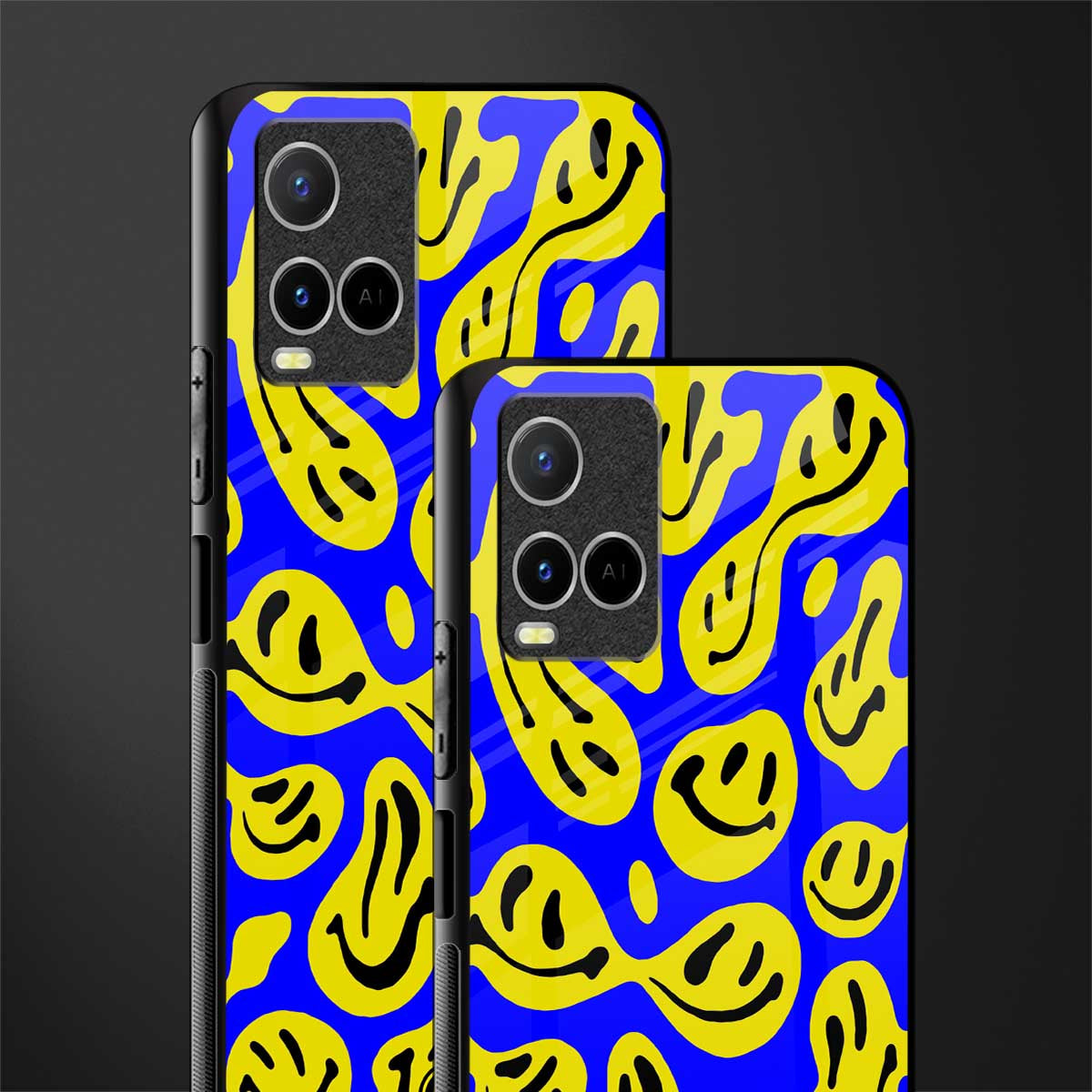 acid smiles yellow blue glass case for vivo y21t image-2