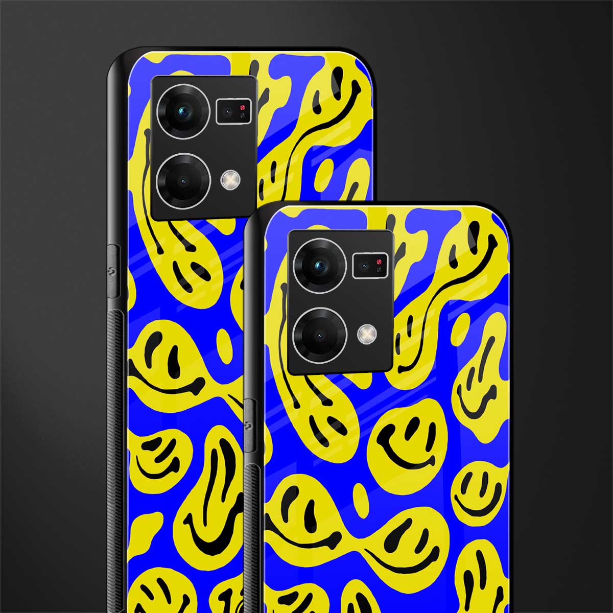 acid smiles yellow blue back phone cover | glass case for oppo f21 pro 4g