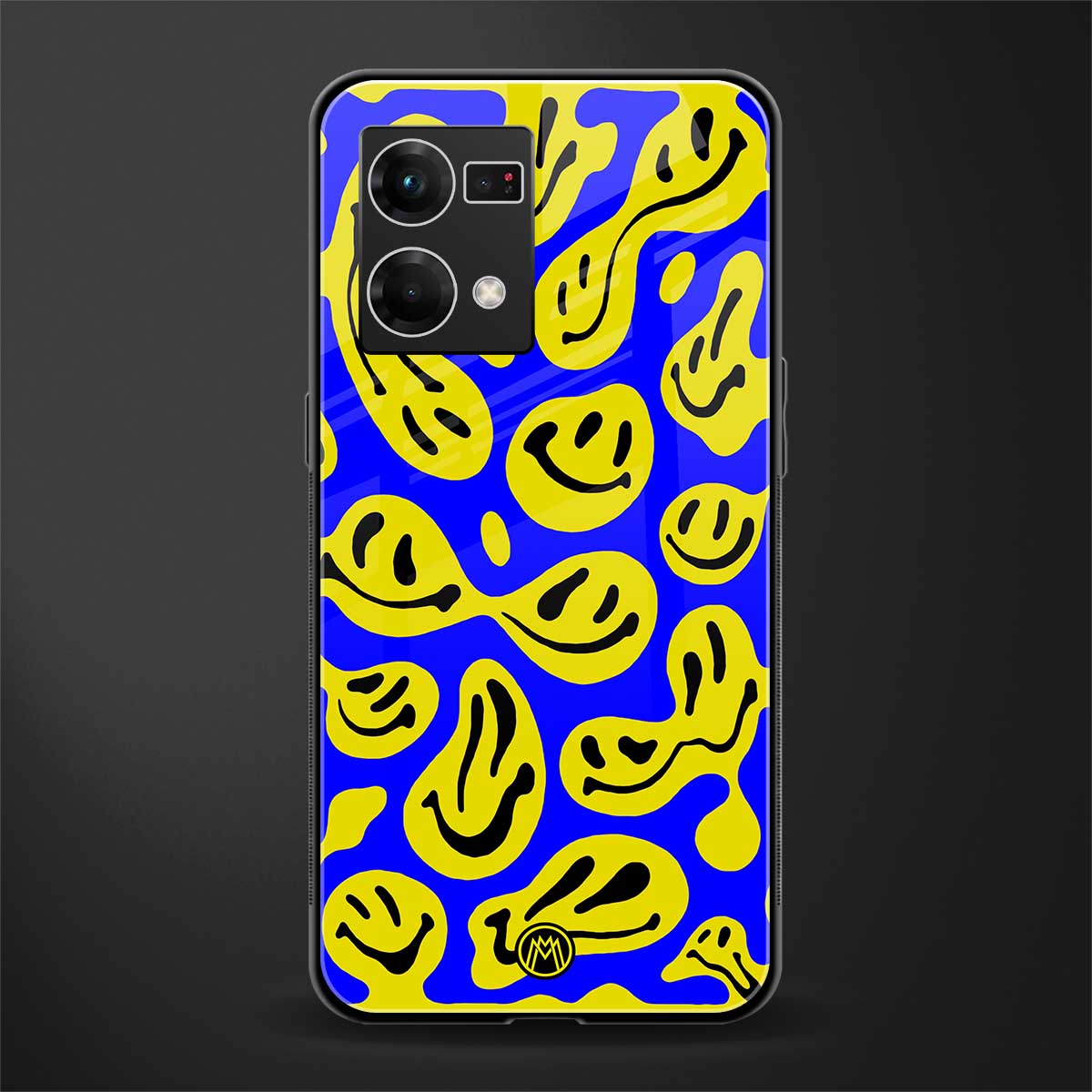 acid smiles yellow blue back phone cover | glass case for oppo f21 pro 4g