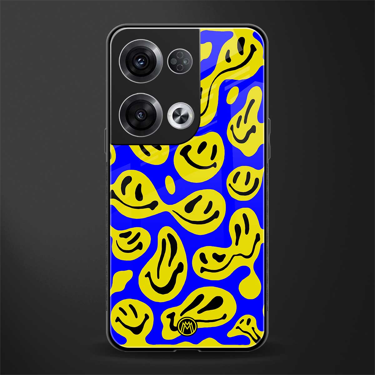 acid smiles yellow blue back phone cover | glass case for oppo reno 8 pro