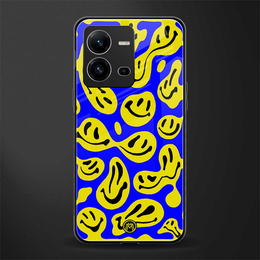 acid smiles yellow blue back phone cover | glass case for vivo v25-5g