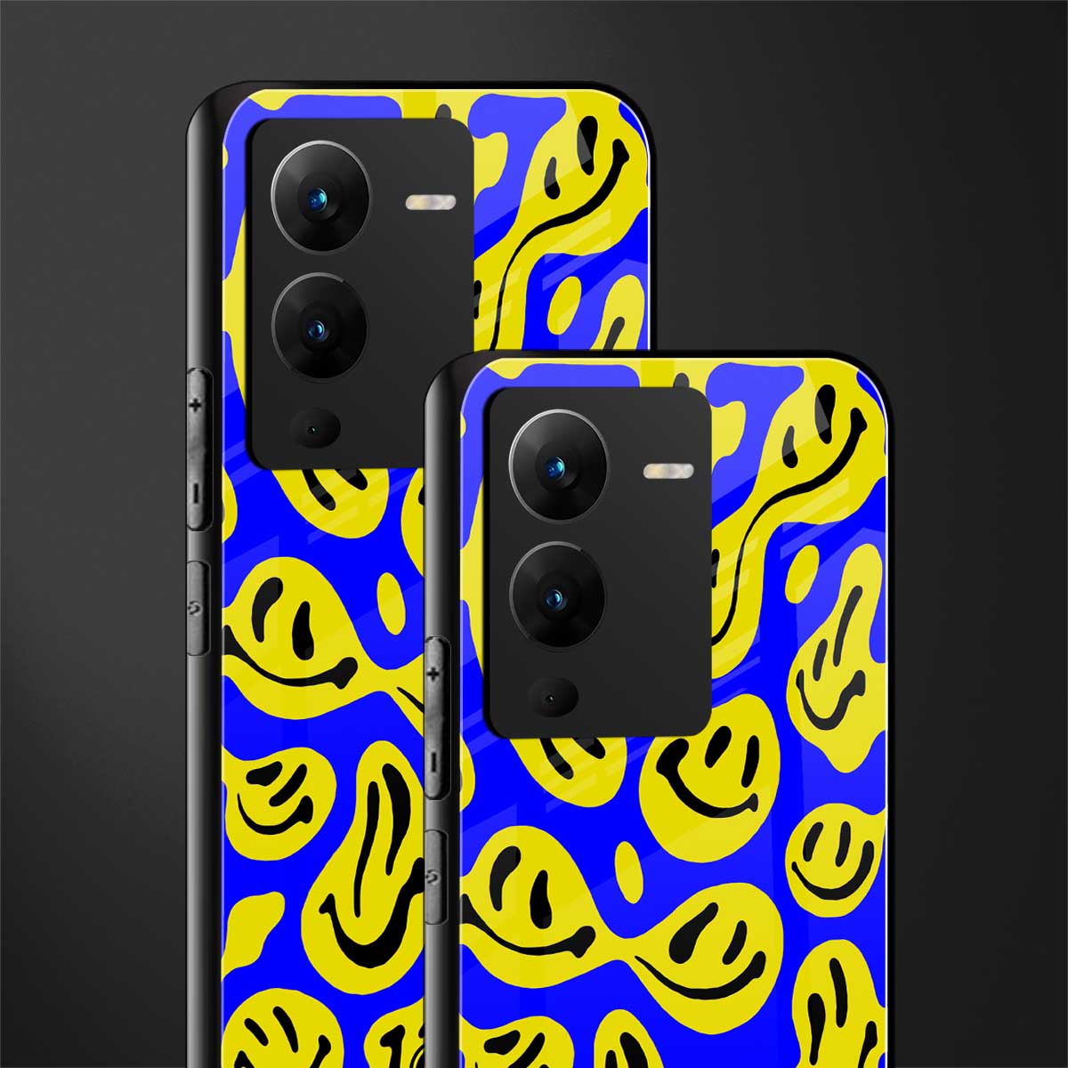 acid smiles yellow blue back phone cover | glass case for vivo v25 pro 5g