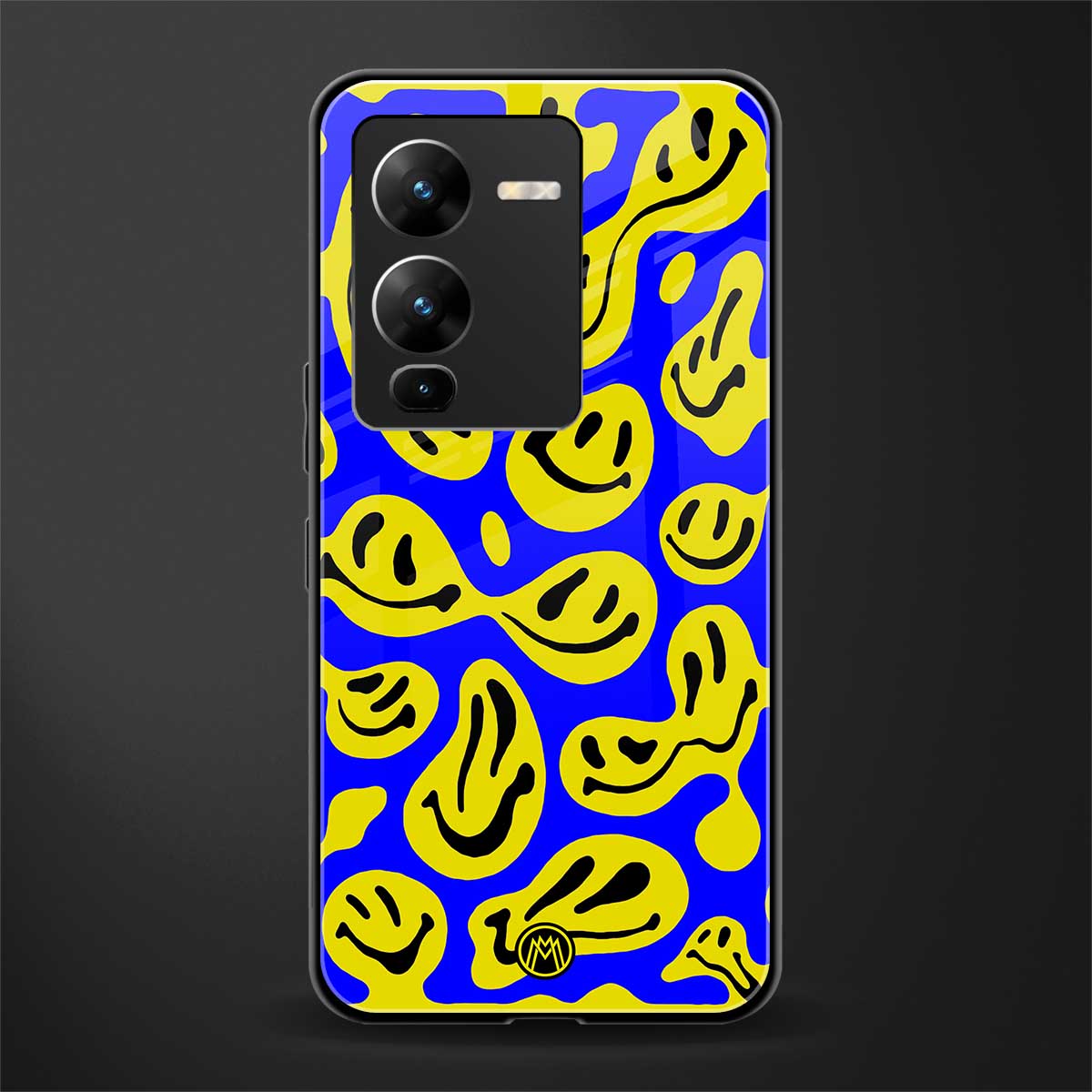 acid smiles yellow blue back phone cover | glass case for vivo v25 pro 5g