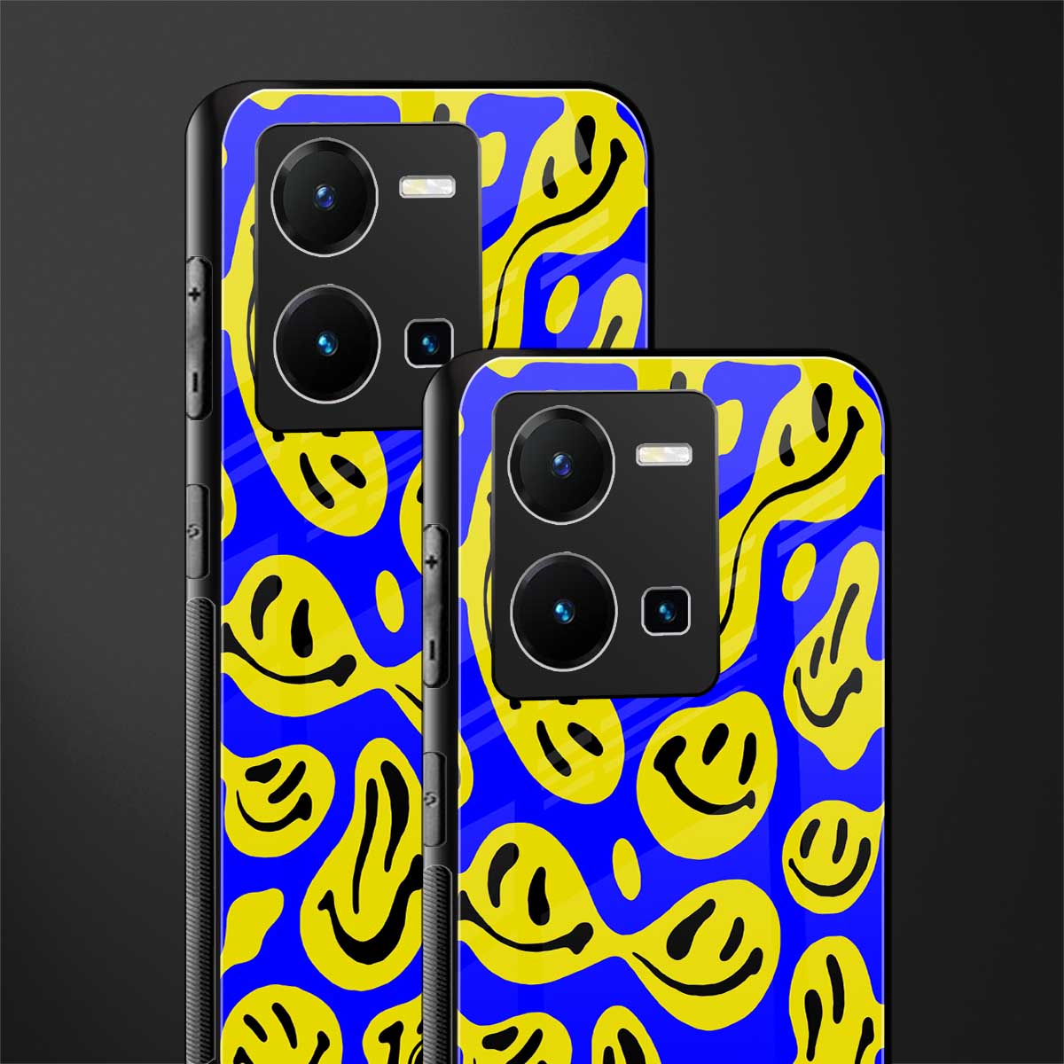 acid smiles yellow blue back phone cover | glass case for vivo y35 4g