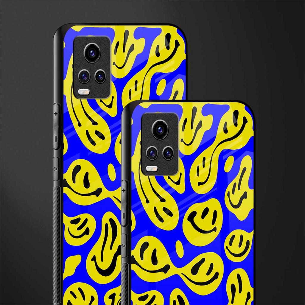 acid smiles yellow blue back phone cover | glass case for vivo v21e 4g