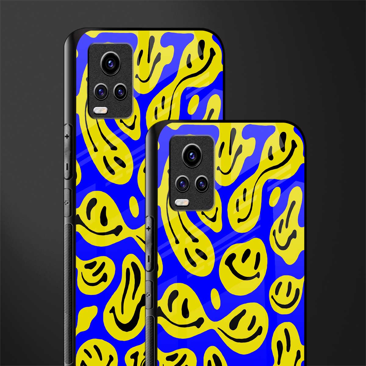 acid smiles yellow blue back phone cover | glass case for vivo v21e 4g