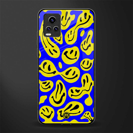 acid smiles yellow blue back phone cover | glass case for vivo v21e 4g