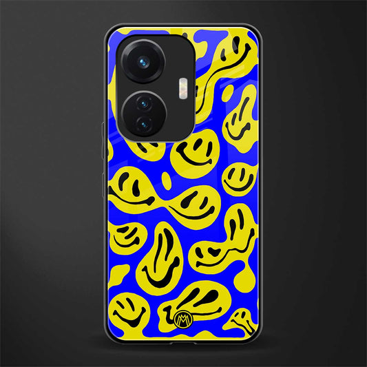 acid smiles yellow blue back phone cover | glass case for vivo t1 44w 4g