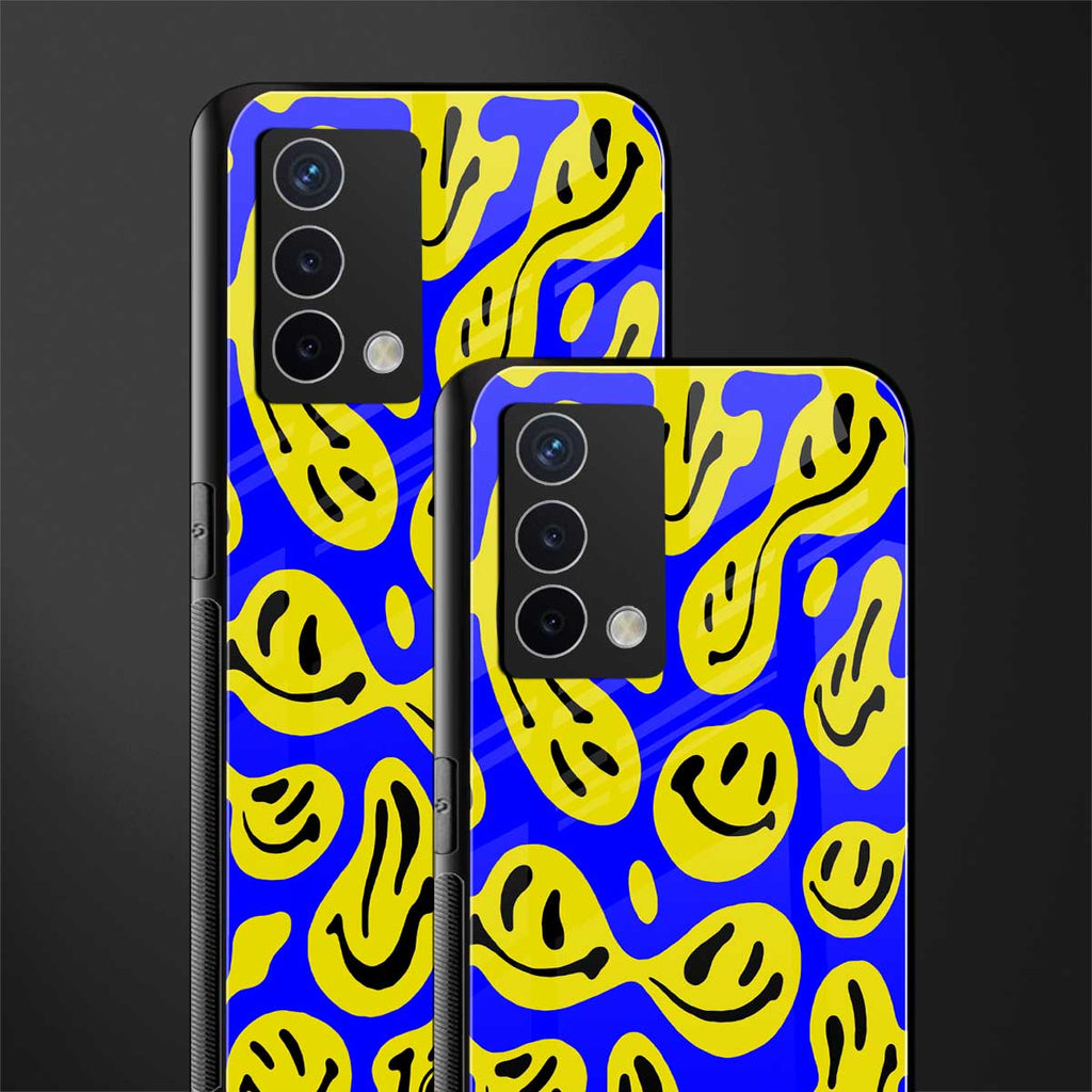 acid smiles yellow blue back phone cover | glass case for oppo a74 4g