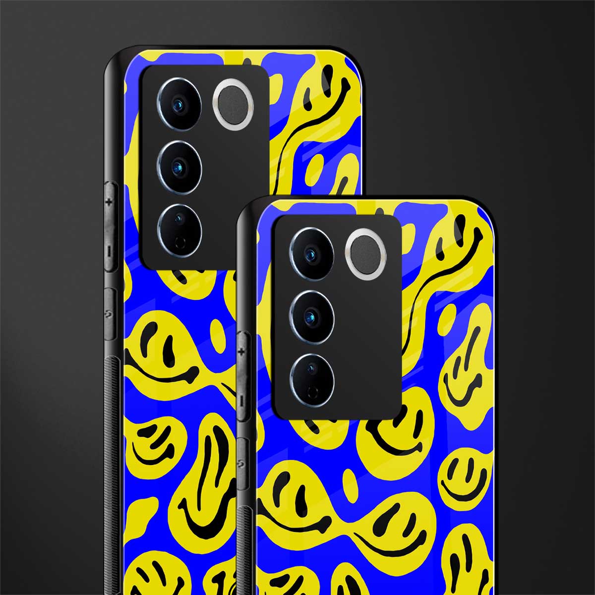 acid smiles yellow blue back phone cover | glass case for vivo v27 pro 5g