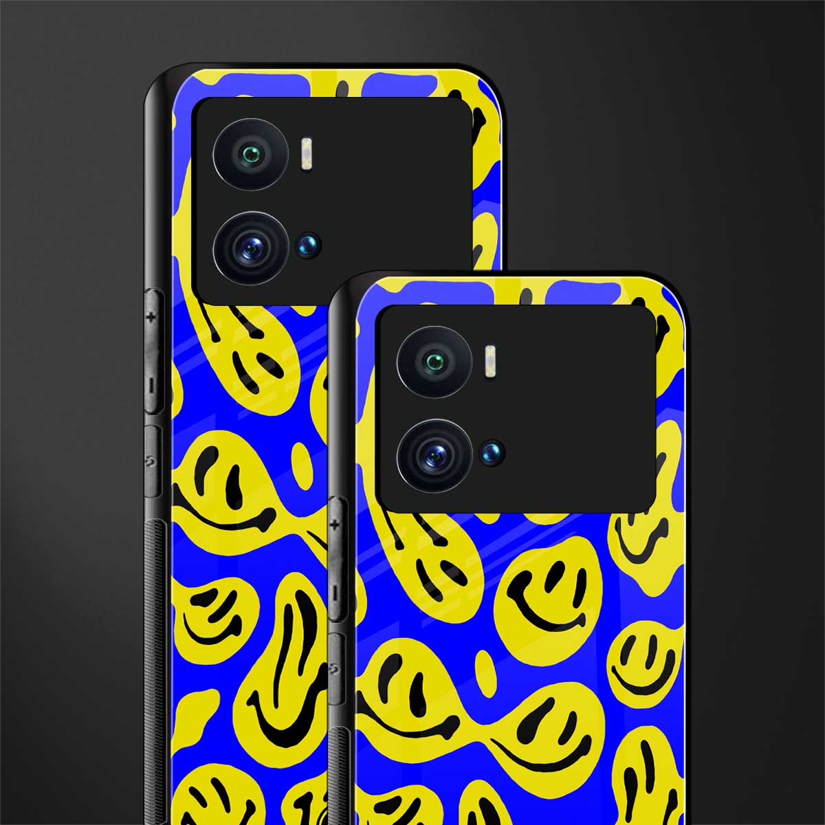 acid smiles yellow blue back phone cover | glass case for iQOO 9 Pro