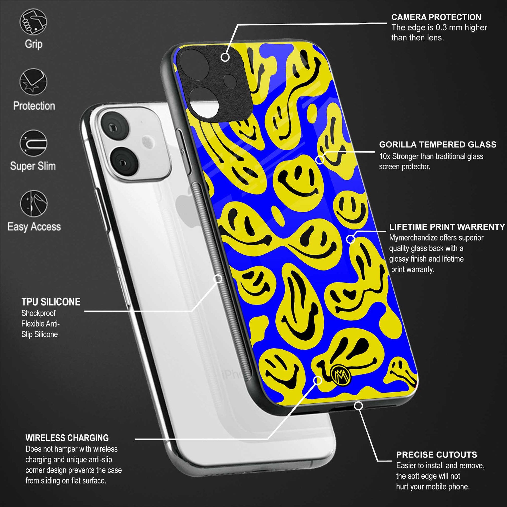 acid smiles yellow blue back phone cover | glass case for vivo y35 4g