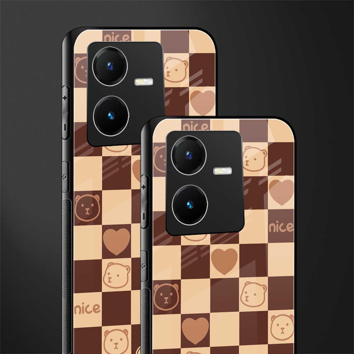 aesthetic bear pattern brown edition back phone cover | glass case for vivo y22
