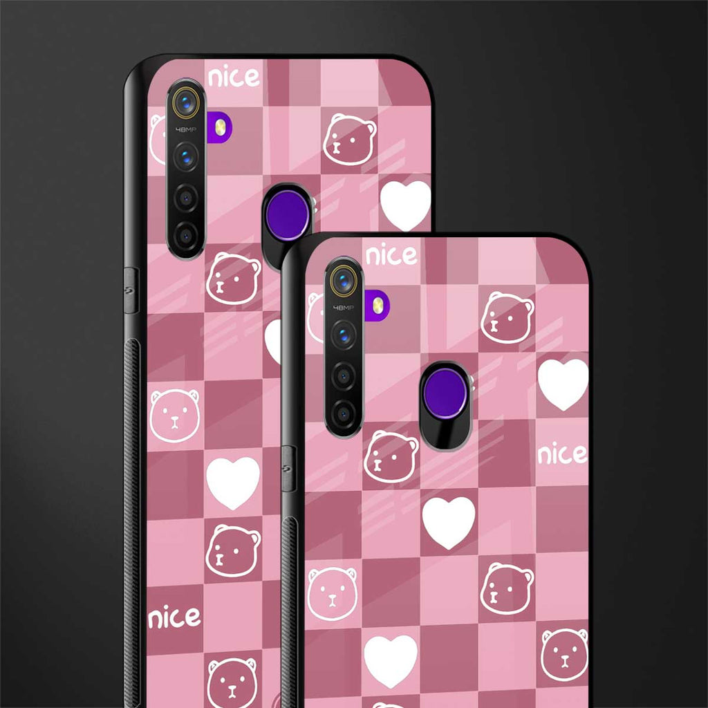 aesthetic bear pattern pink edition glass case for realme 5 pro image-2