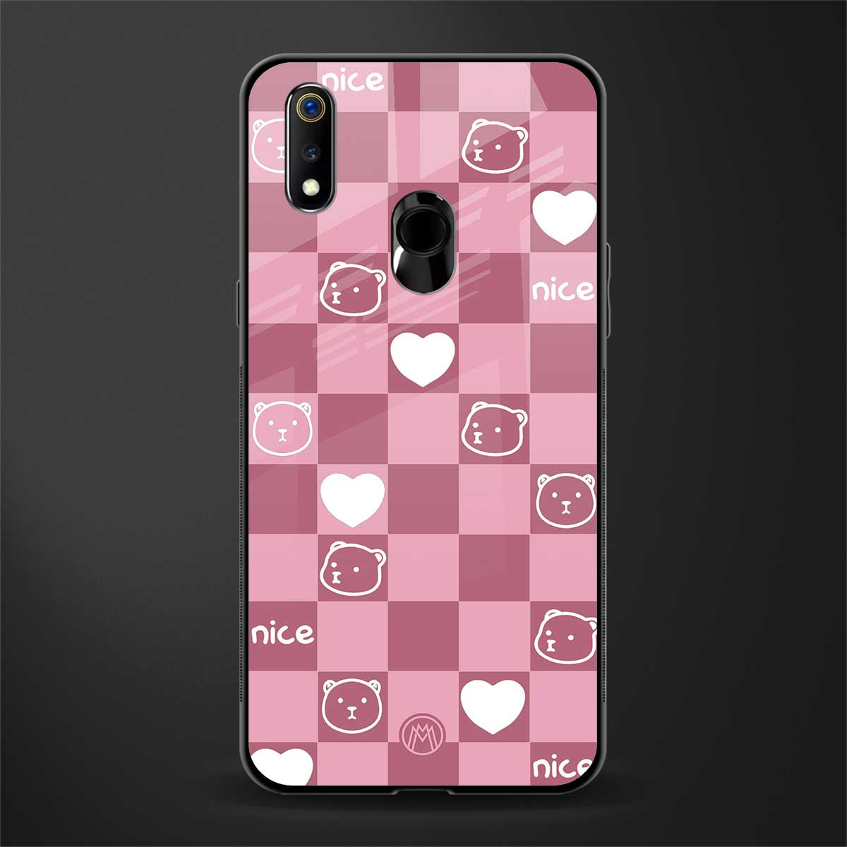 aesthetic bear pattern pink edition glass case for realme 3 pro image